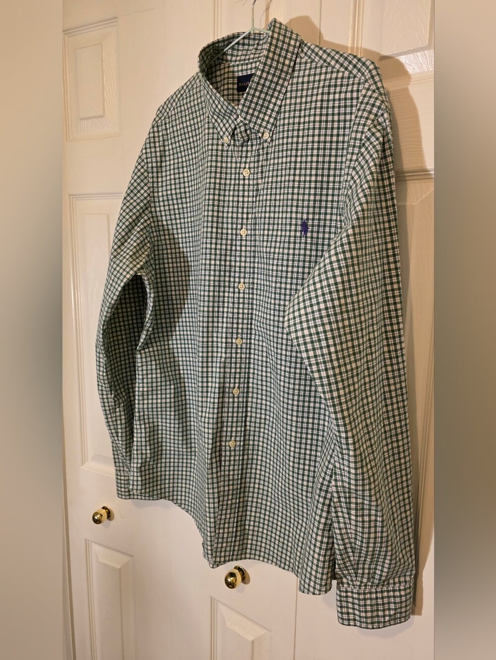 Ralph Lauren Slim Fit Green Gingham Button Down Shirt XL Purple Pony Cotton